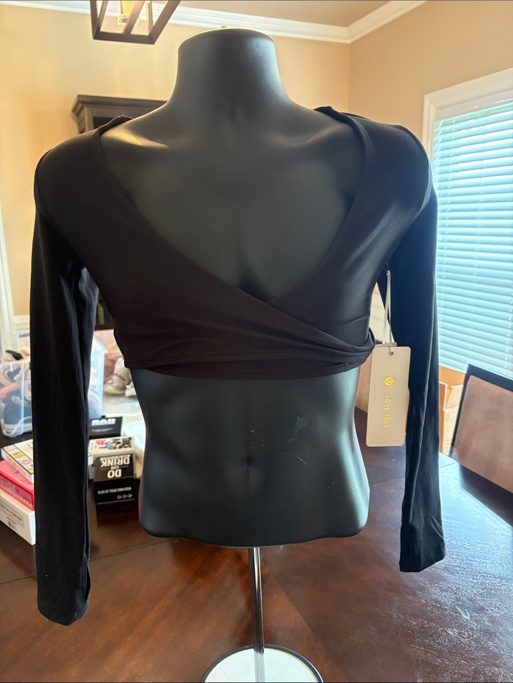 Love Tree Black Long-Sleeve Wrap Crop Top